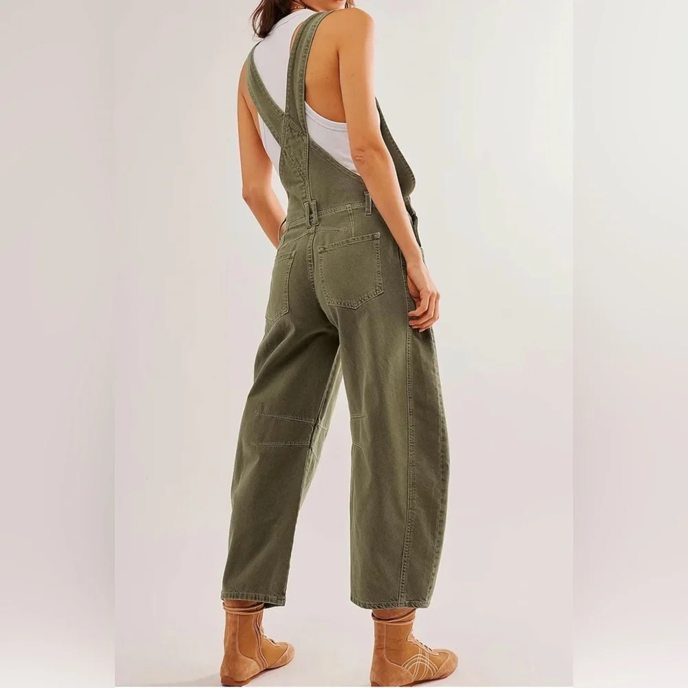Olive Green Cotton Wide-Leg Overall Jumpsuit - Picture 3 of 8